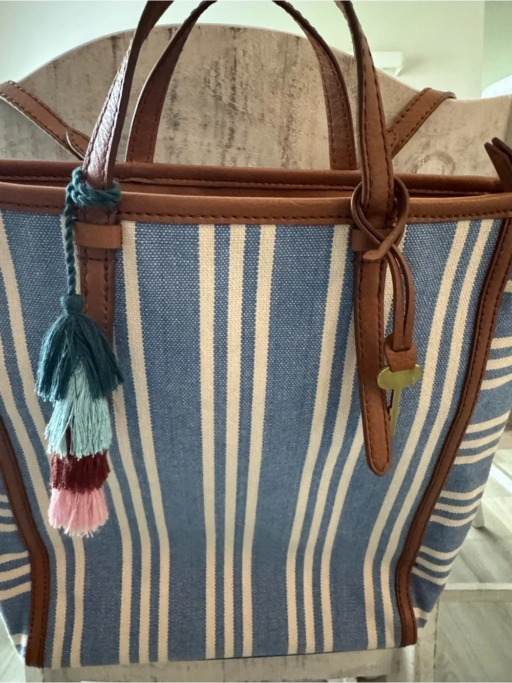 Fossil Blue and White Striped Canvas Tote with Brown Trim